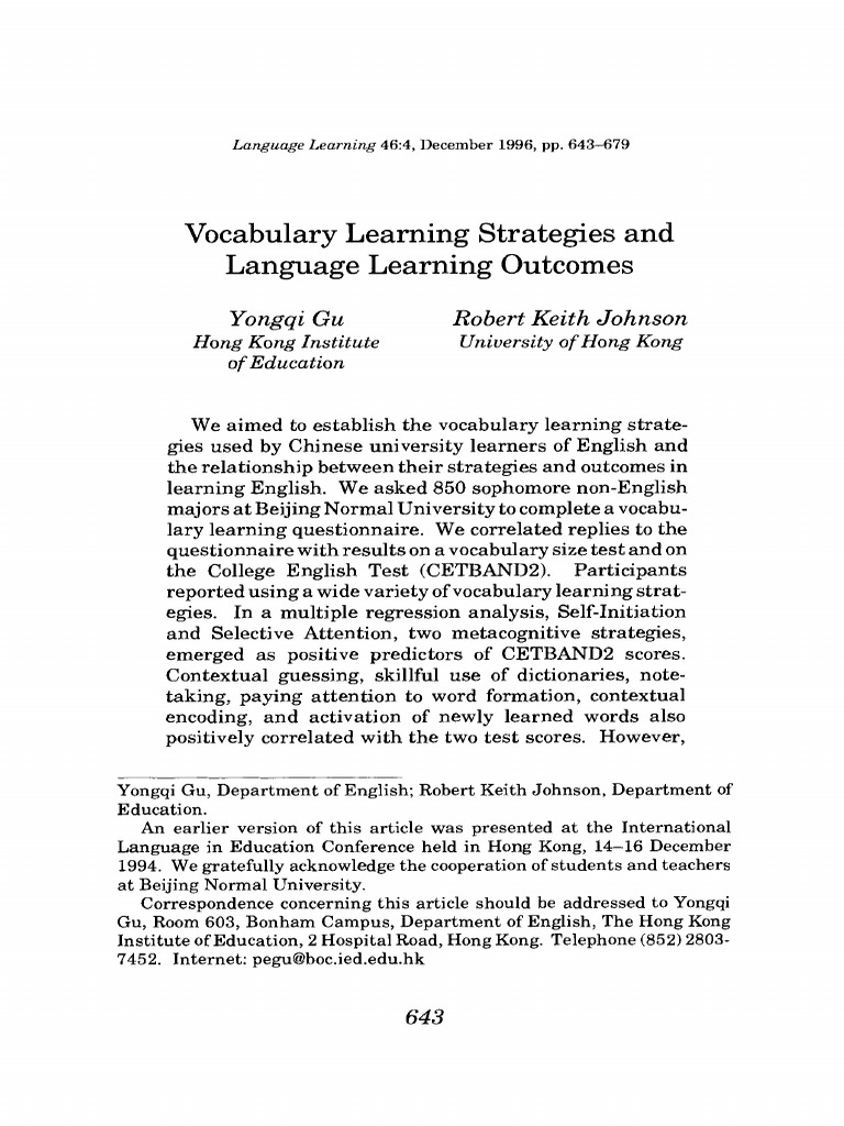 Vocabulary Learning Strategies and Langu PDF PDF Vocabulary