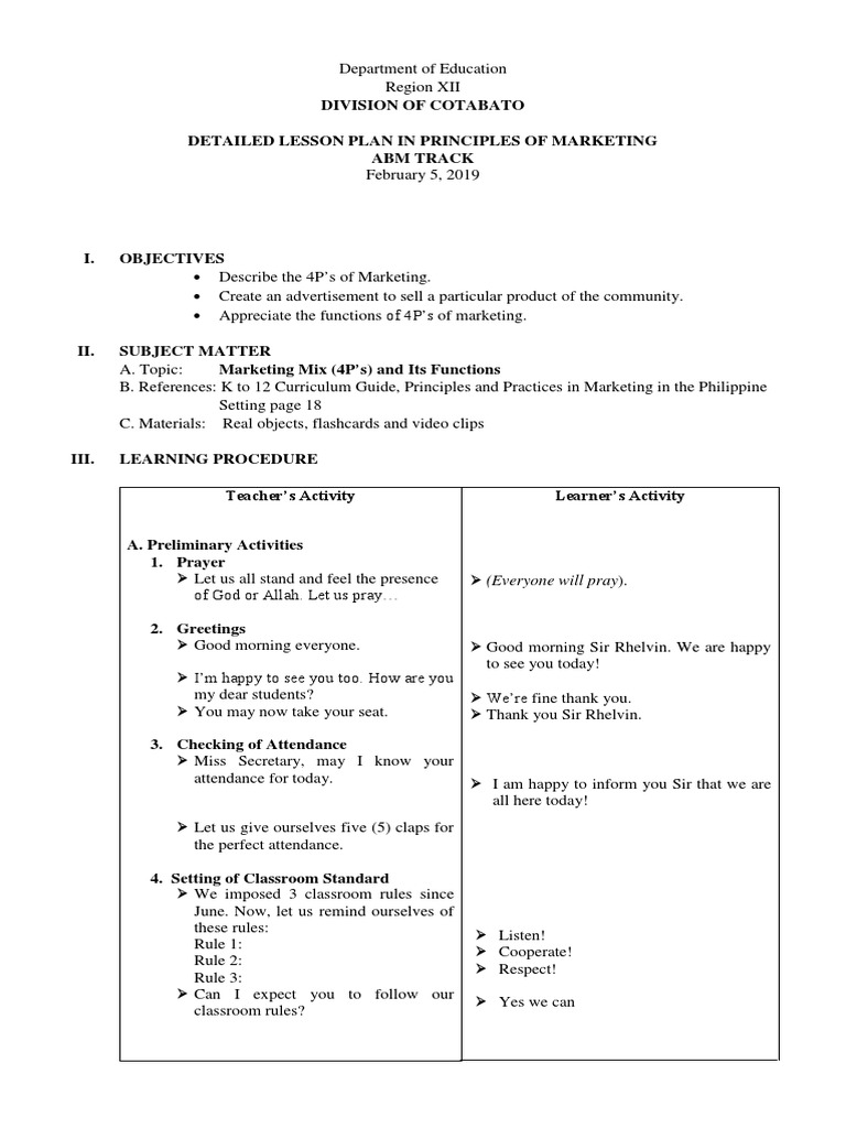 A Detail Lesson Plan in Principles of Marketing EDited ...