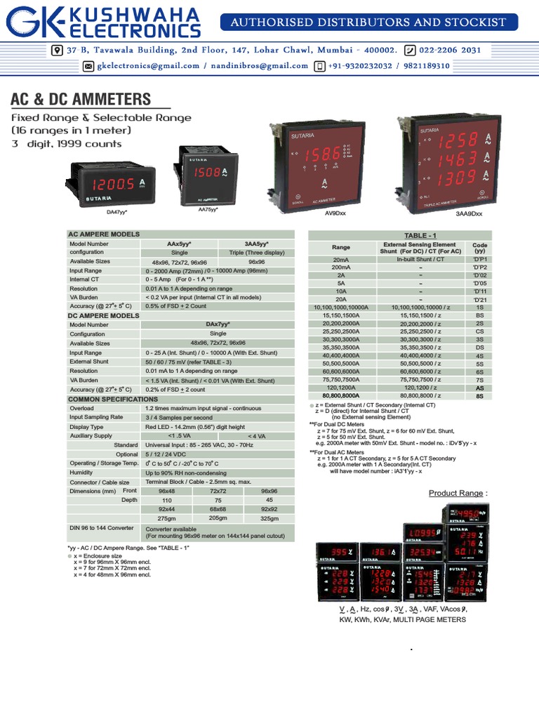 Ac & DC Ammeters Fixed Range & Selectable Range (16 Ranges in 1 Meter
