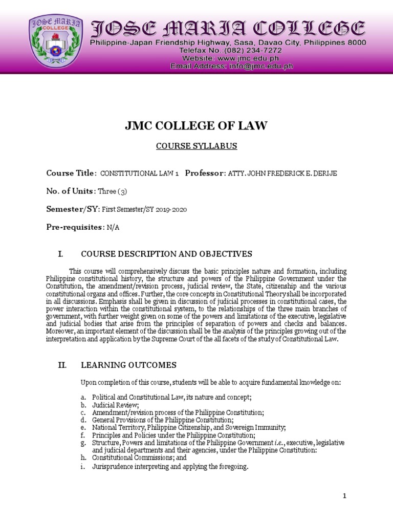 Syllabus in Constitutional Law 1 (SY 2019-2020) | PDF | Constitution ...