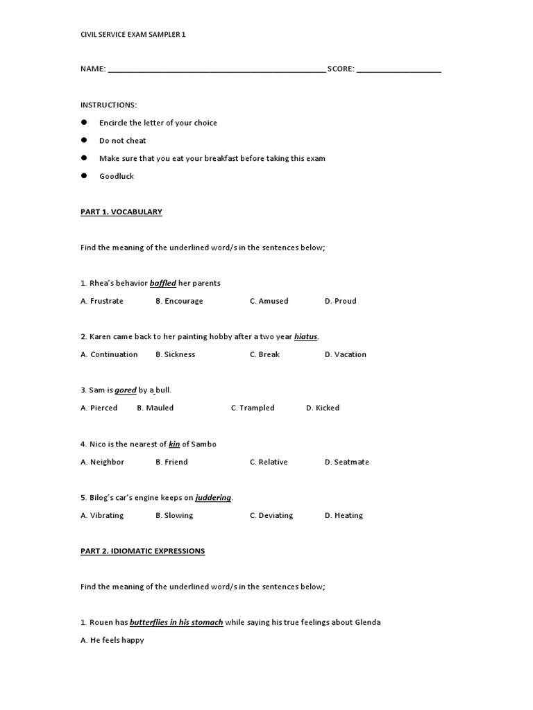 Civil Service Exam Sample 1 | PDF | Government