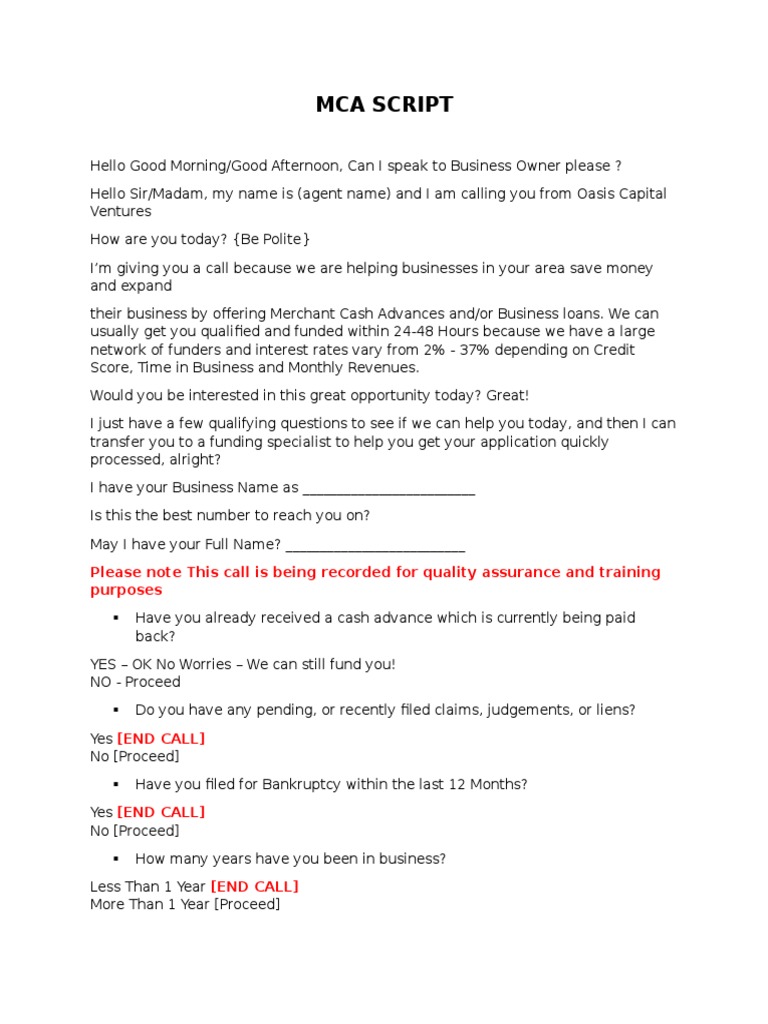 Mca Script: Please Note This Call Is Being Recorded For Quality ...