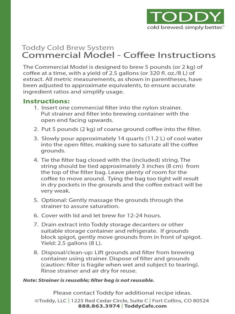 Commercial Model Coffee Instructions Toddy Cold Brew System PDF