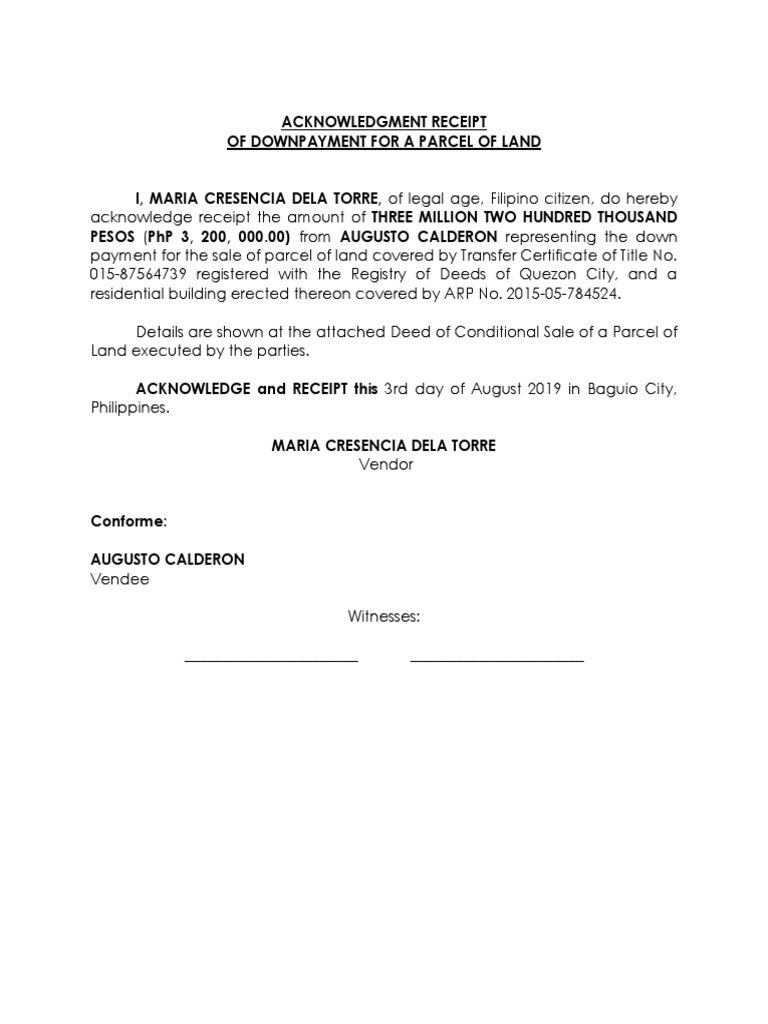 ack receipt of downpayment of a parcel of land pdf