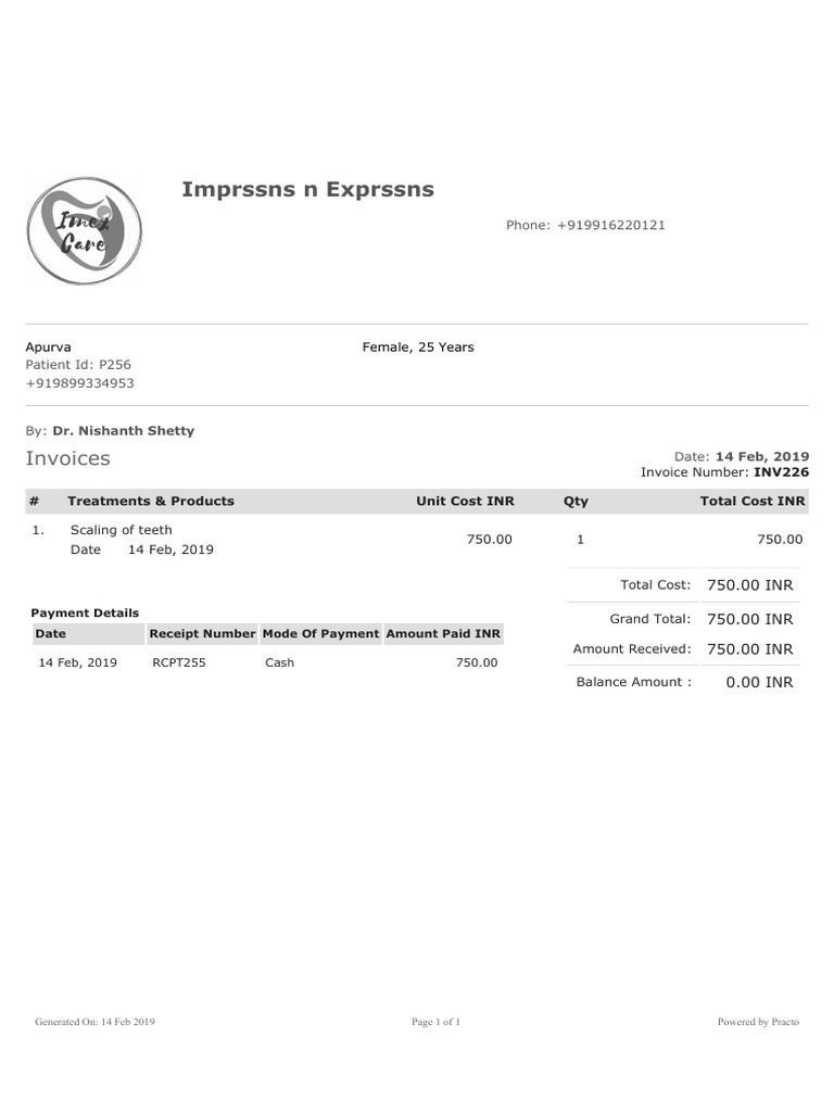 Dental Scaling Invoice for Patient P256 | PDF