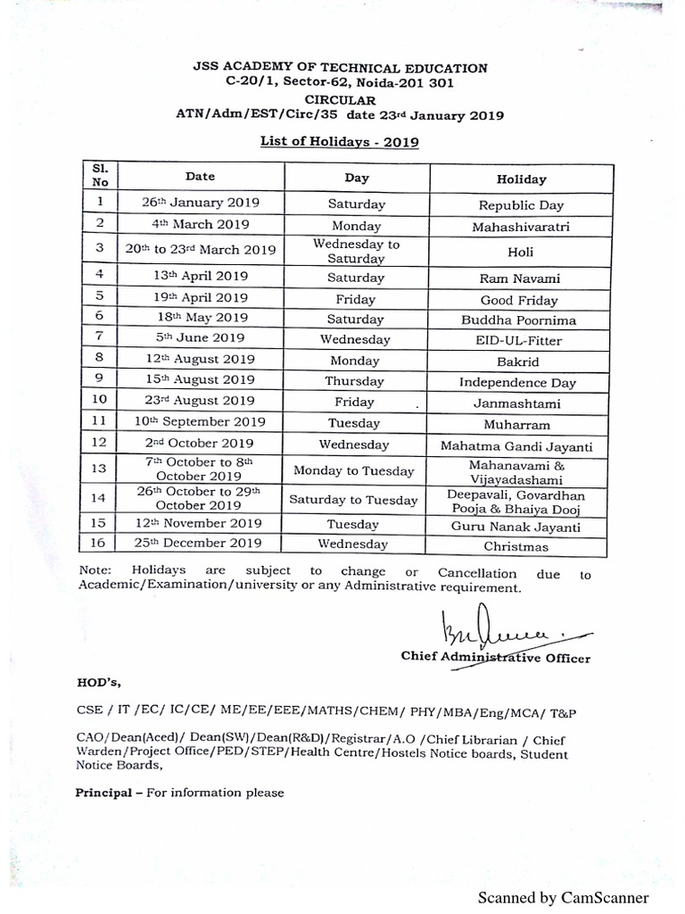 Holidays List PDF