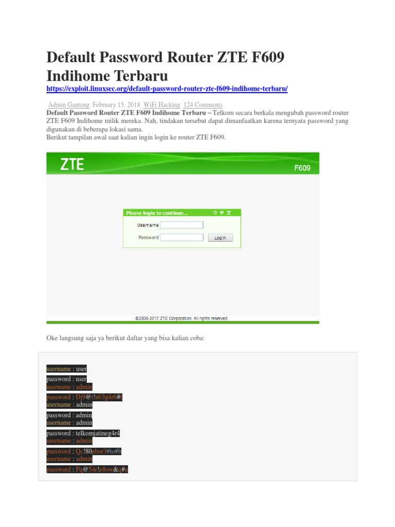 Default Password Router Zte F609 Indihome Terbaru
