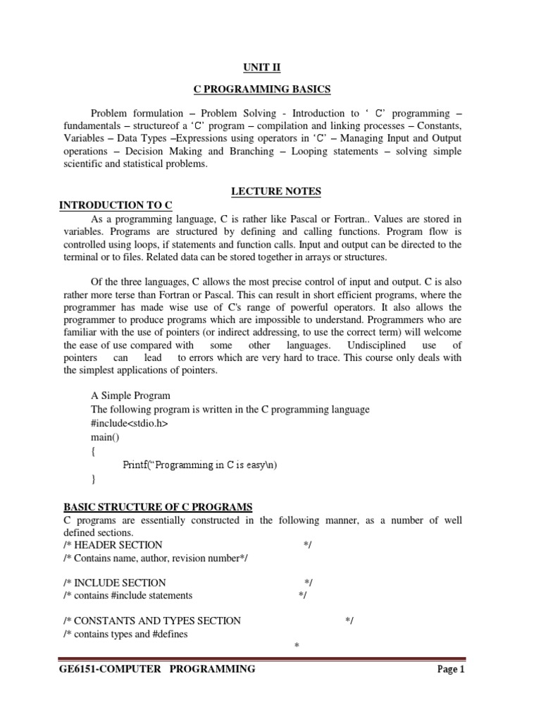Unit Ii C Programming Basics | PDF | C (Programming Language ...