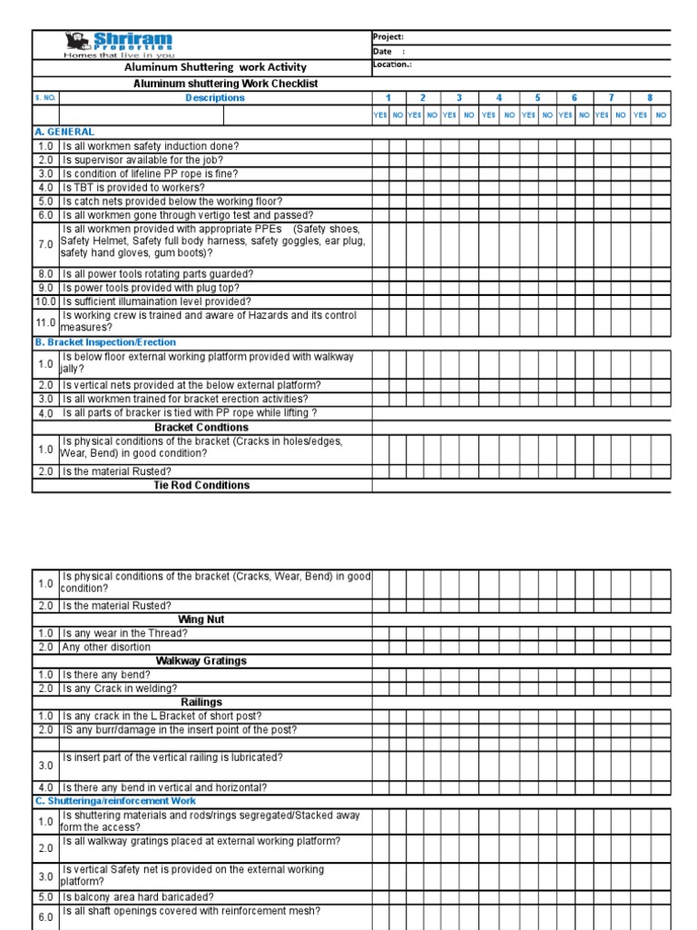 Aluminum Shuttering Work Checklist | PDF | Nature