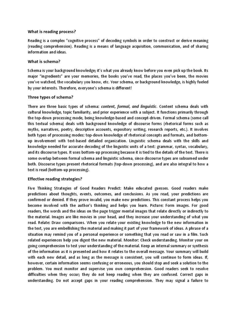 What Is Reading Process PDF Reading Comprehension Schema (Psychology)
