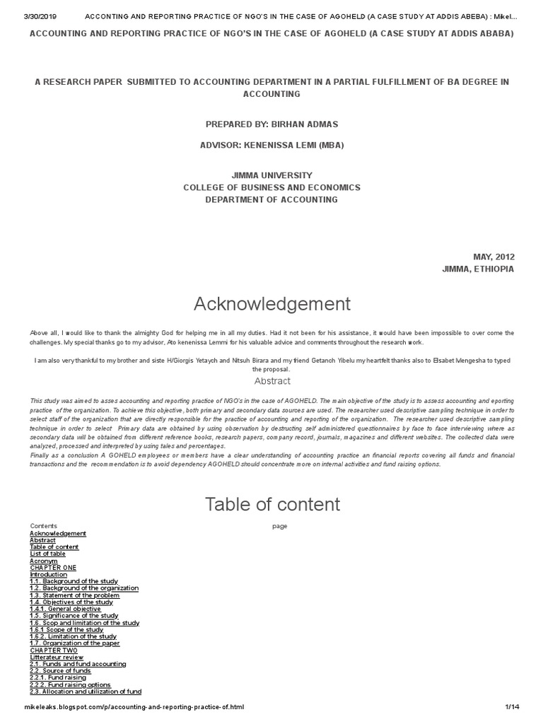 Acconting And Reporting Practice Of Ngo S In The Case Of Agoheld A Case Study At Addis Abeba Mikeleaks Fund Accounting Nonprofit Organization