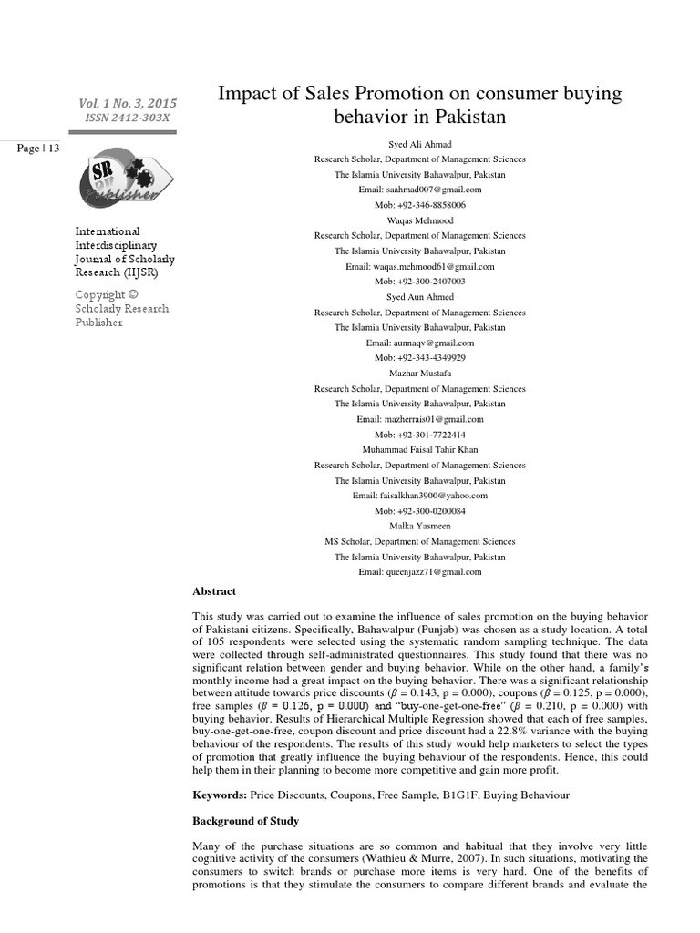Impact of Sales Promotion On Consumer Buying Behavior in Pakistan PDF ...