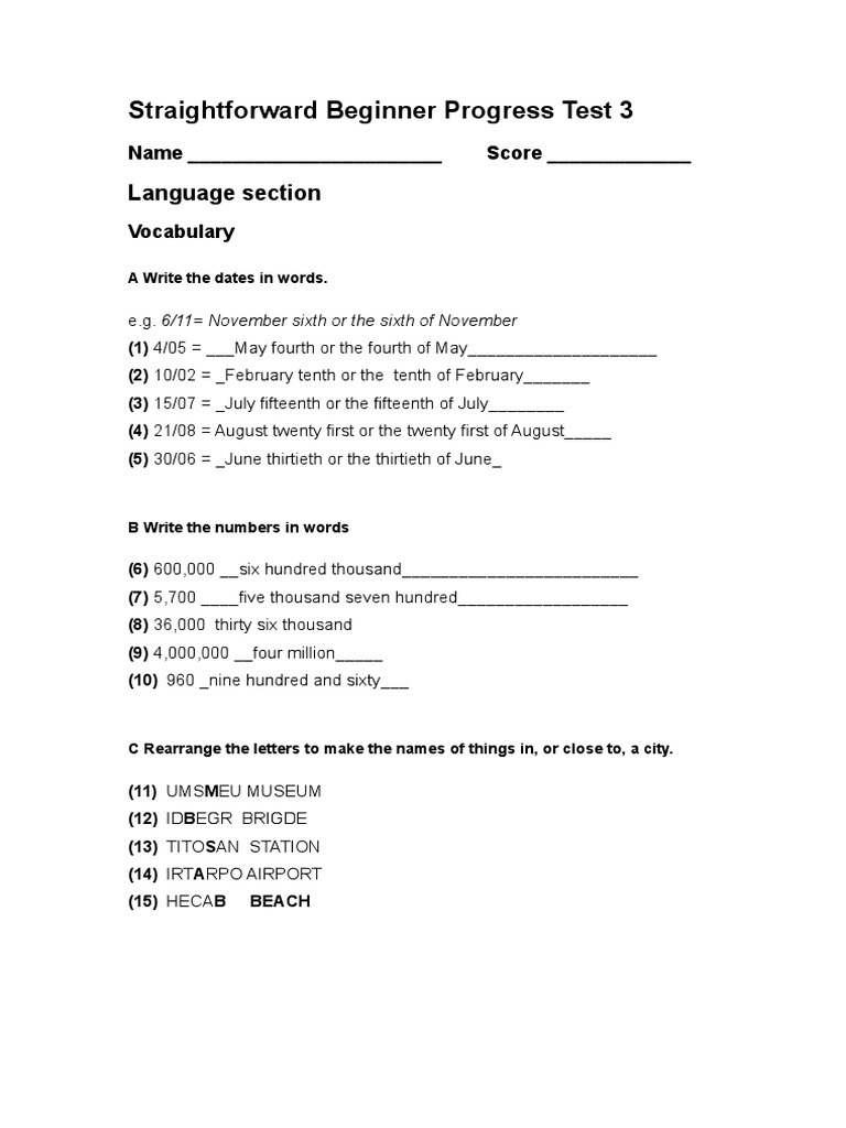 Beginner Progress Test 3 | PDF | English Language