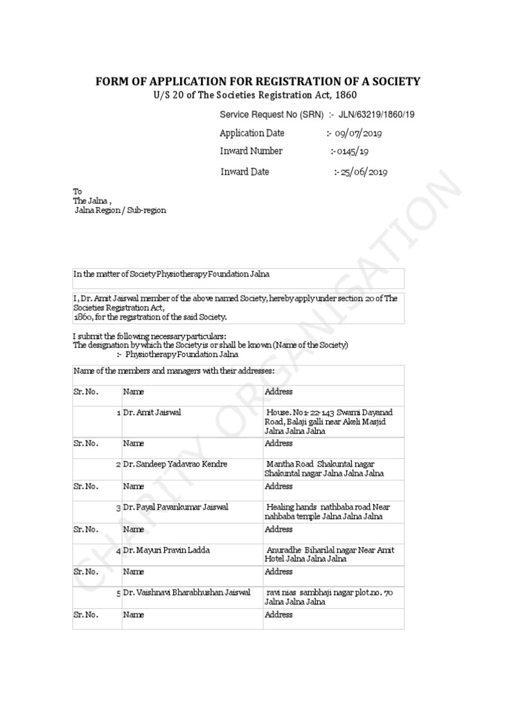 Form of Application For Registration of A Society | PDF | Wellness