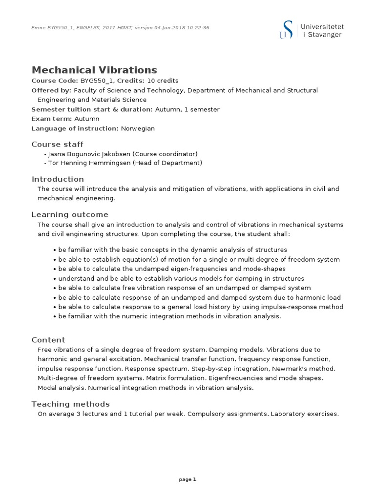Mechanical Vibrations: Course Staff | PDF | Physics | Learning
