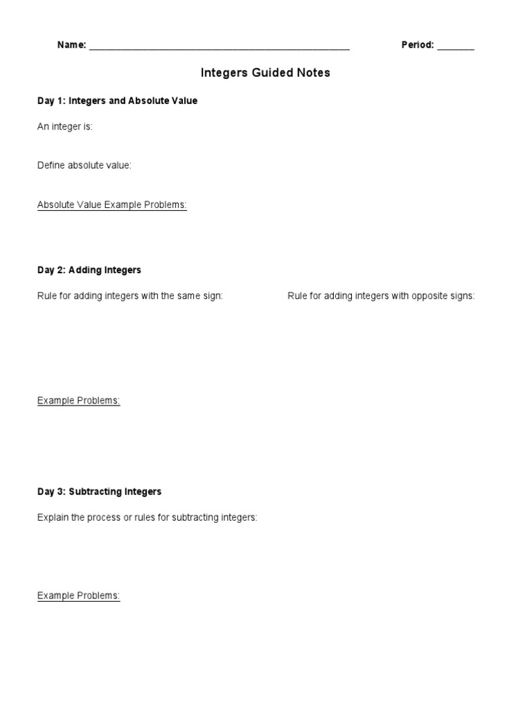 Guided Notes on Integers | PDF