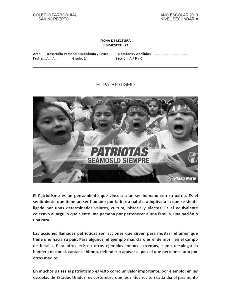 Ficha de Lectura El Patriotismo Descargar gratis PDF Patriotismo