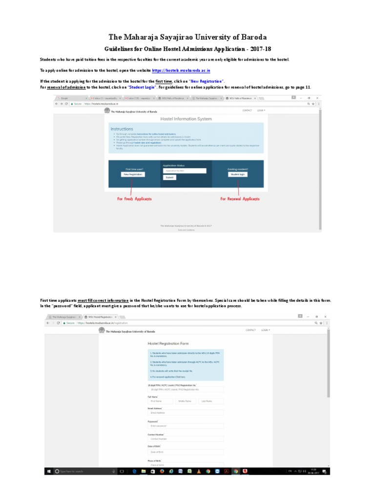 MSU Baroda Hostel Admission Guidelines | PDF | Login | Email Address