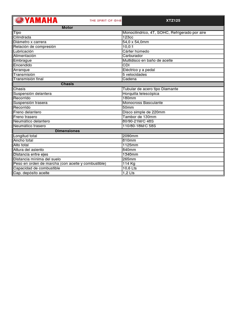 Ficha técnica Yamaha XTZ 125 | PDF | Transporte | Vehículos