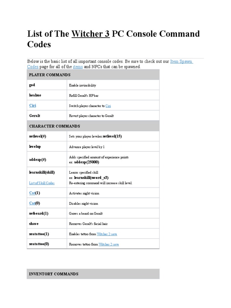 List of The Witcher 3 PC Console Command Codes PDF Video Game