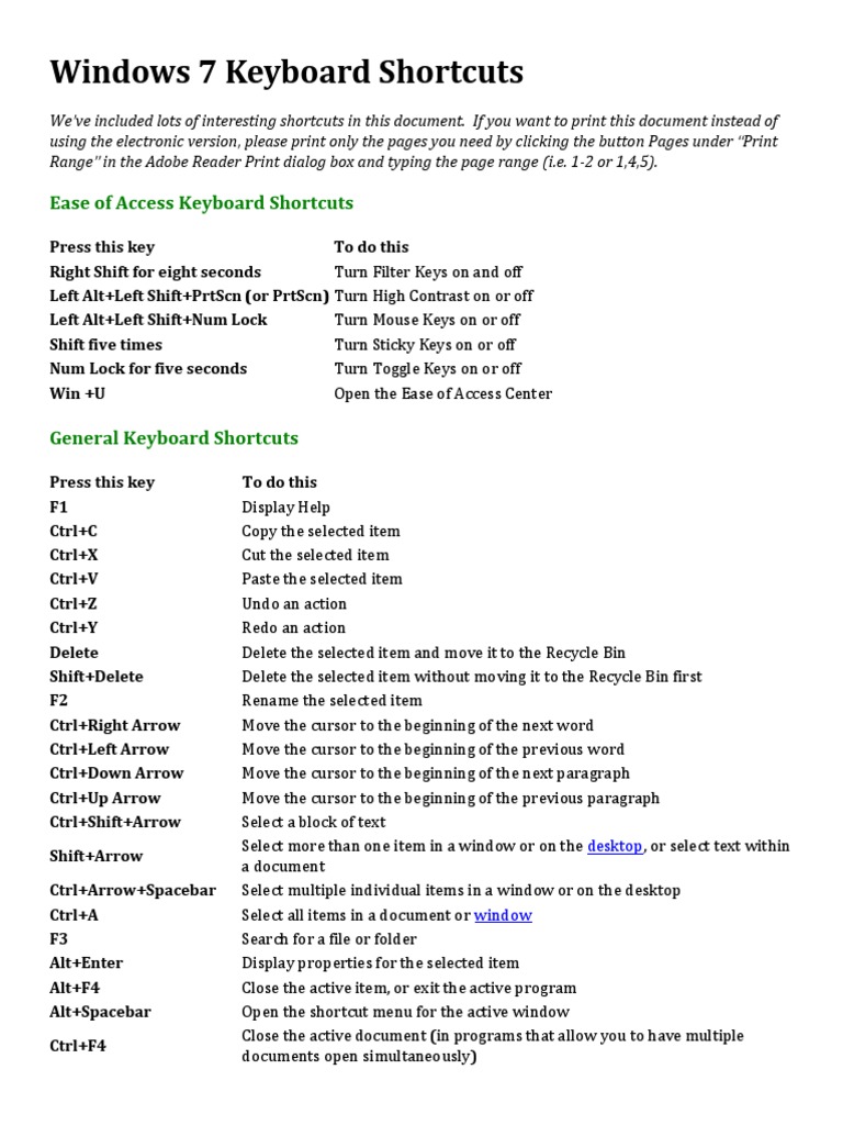 Windows 7 Keyboard Shortcuts PDF Computer Keyboard Microsoft Windows