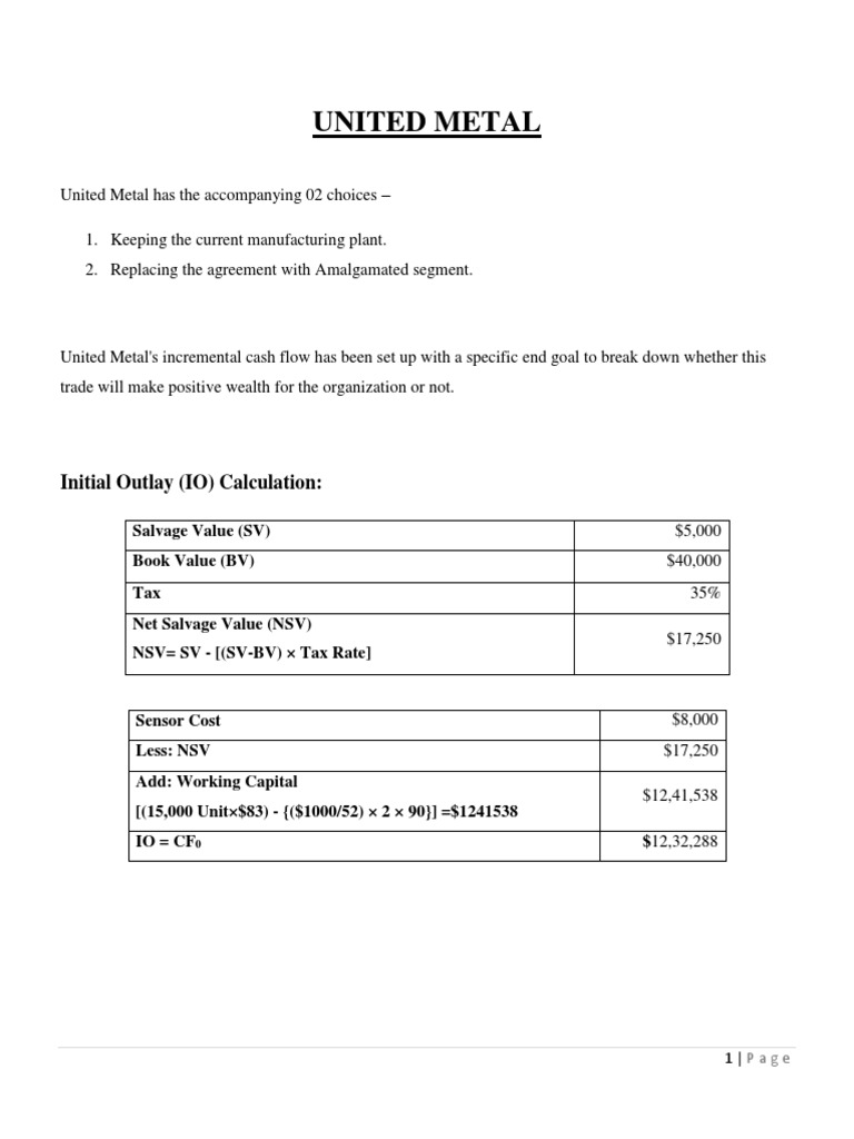 United Metal: Initial Outlay (IO) Calculation | PDF | Net Present Value ...