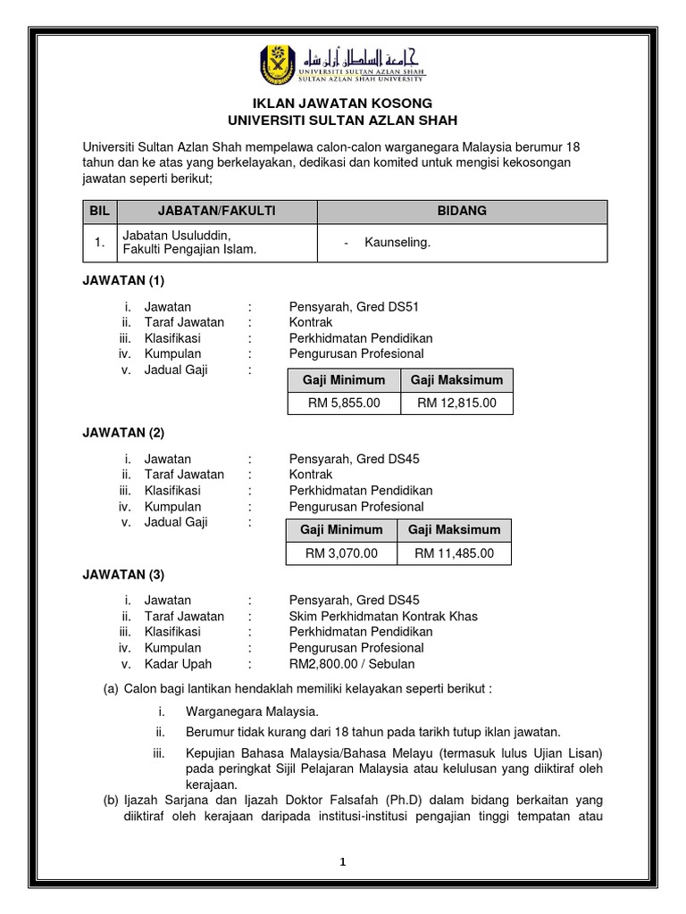 Iklan Jawatan Kosong Pensyarah Gred Ds51 Ds45 Usuluddin Kaunseling Pdf