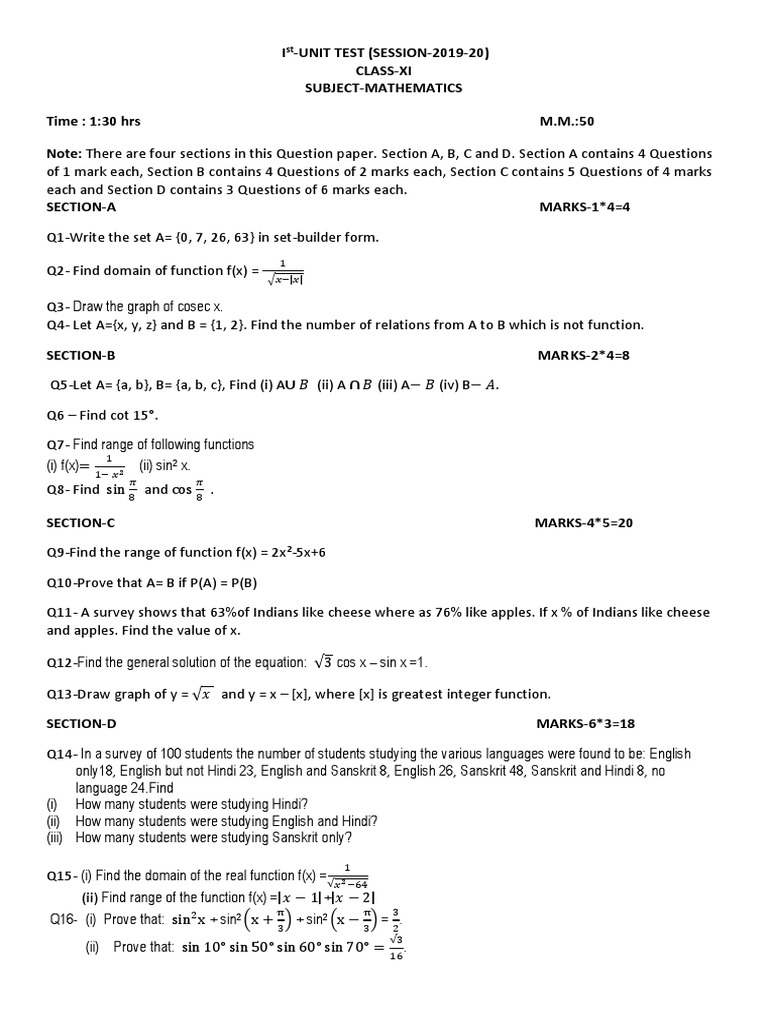 Class Xi Maths Ut I 2019 20 | PDF | Function (Mathematics ...