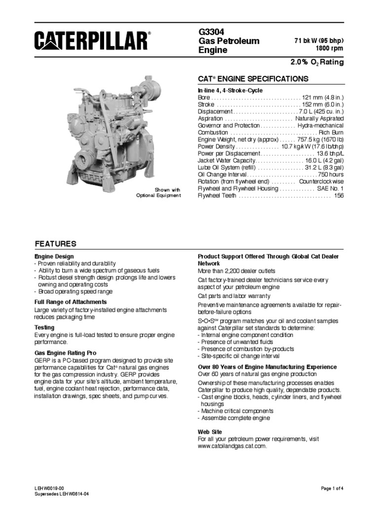 CAT Engine Specifications 2.0% O Rating: G3304 Gas Petroleum Engine ...