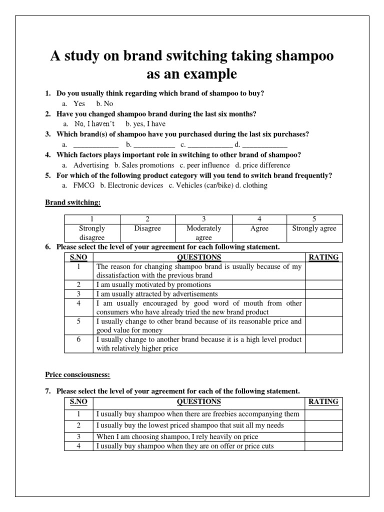 Questionnaire For Brand Switching PDF Brand Advertising