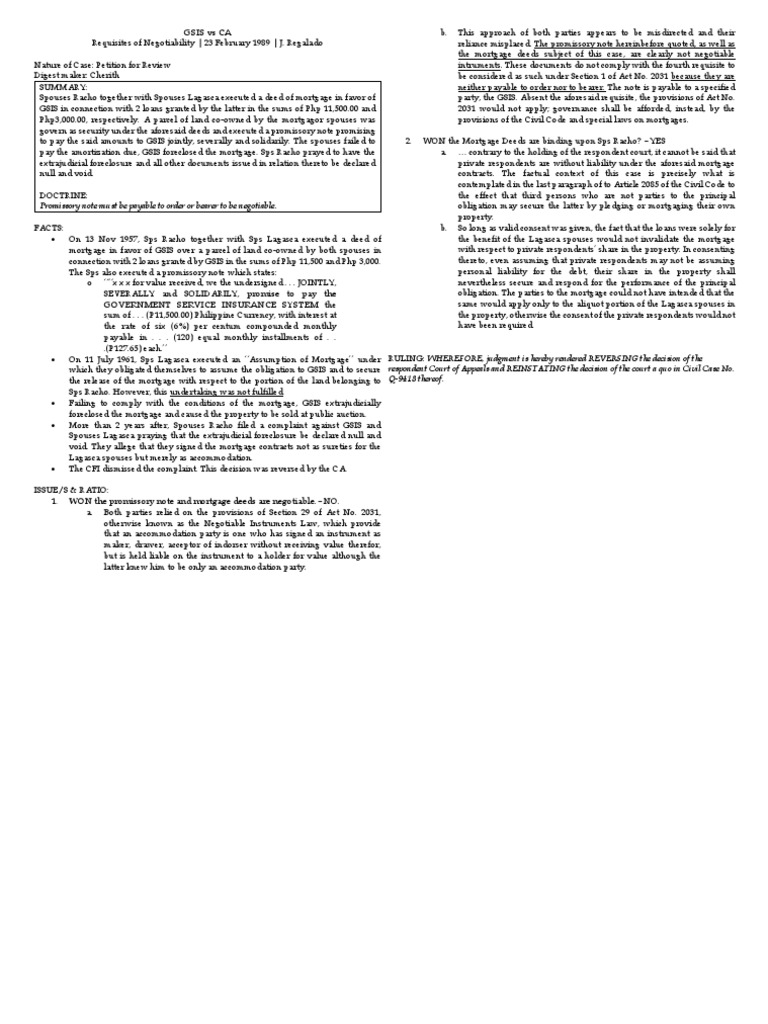 Gsis Vs Ca Promissory Note Must Be Payable To Order or Bearer To Be