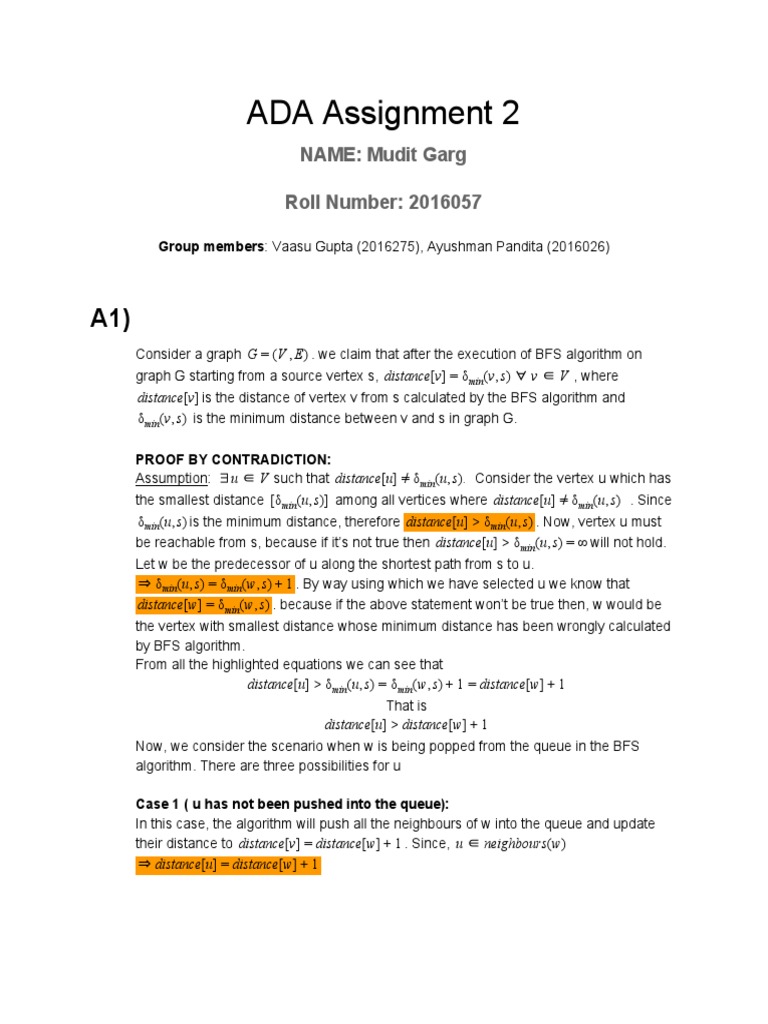 ADA Assignment 2 PDF | PDF | Vertex (Graph Theory) | Algorithms