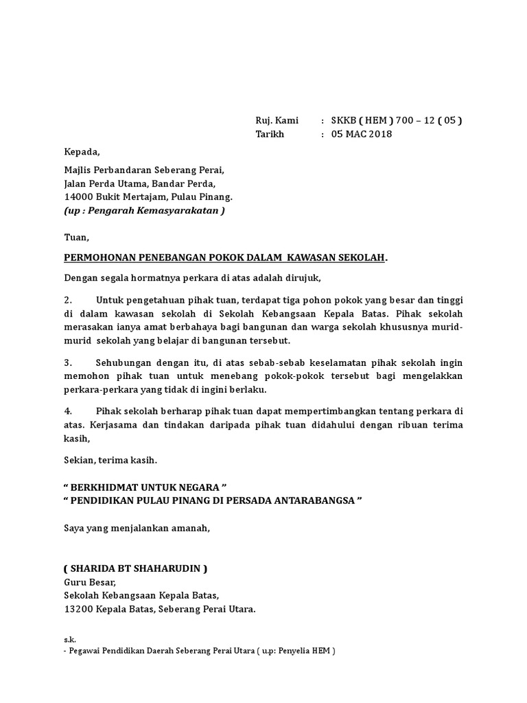 Contoh Surat Rasmi Permohonan Tebang Pokok