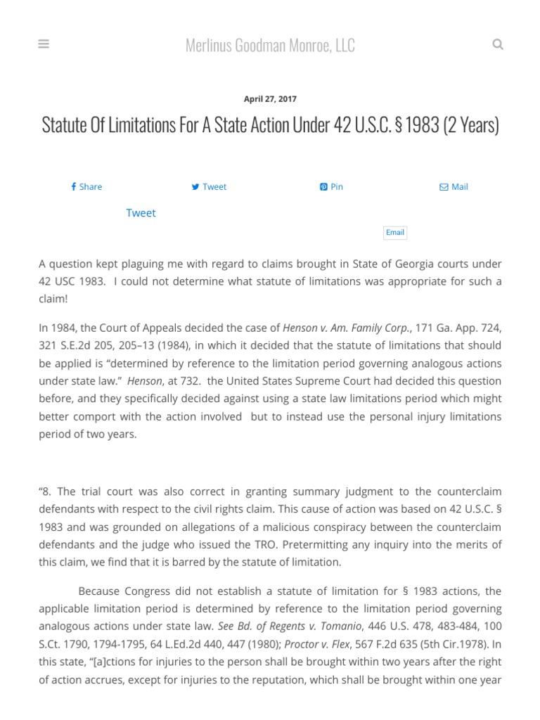 Statute of Limitations for Section 1983 Claims in Georgia State Courts Statute of Limitations for Section 1983 Claims in Georgia State Courts