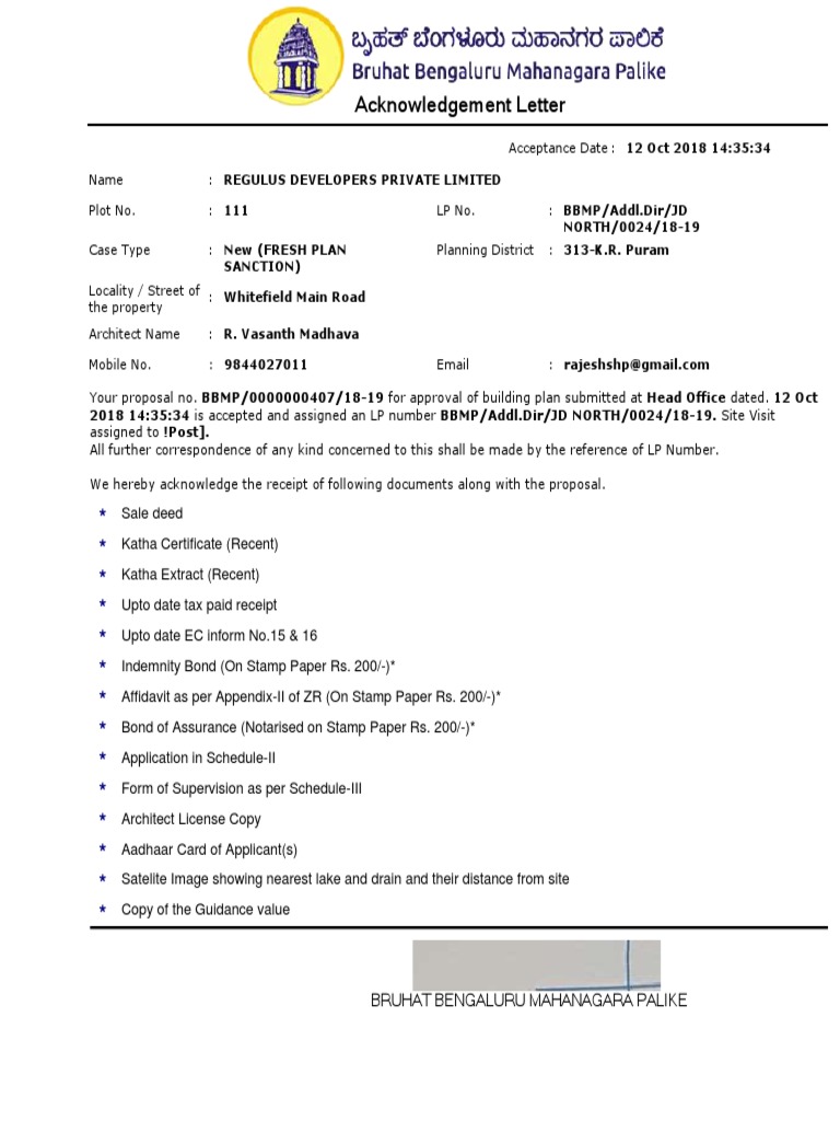 BBMP Building Plan Approval Acknowledgment | PDF