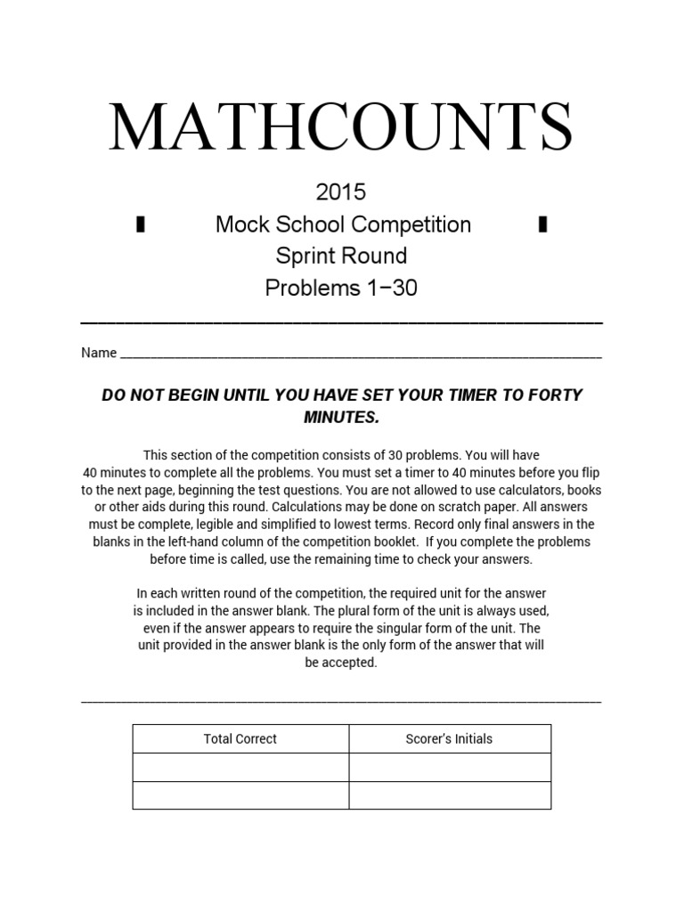 2015 Mock Mathcounts Sprint Round | PDF | Triangle | Numbers