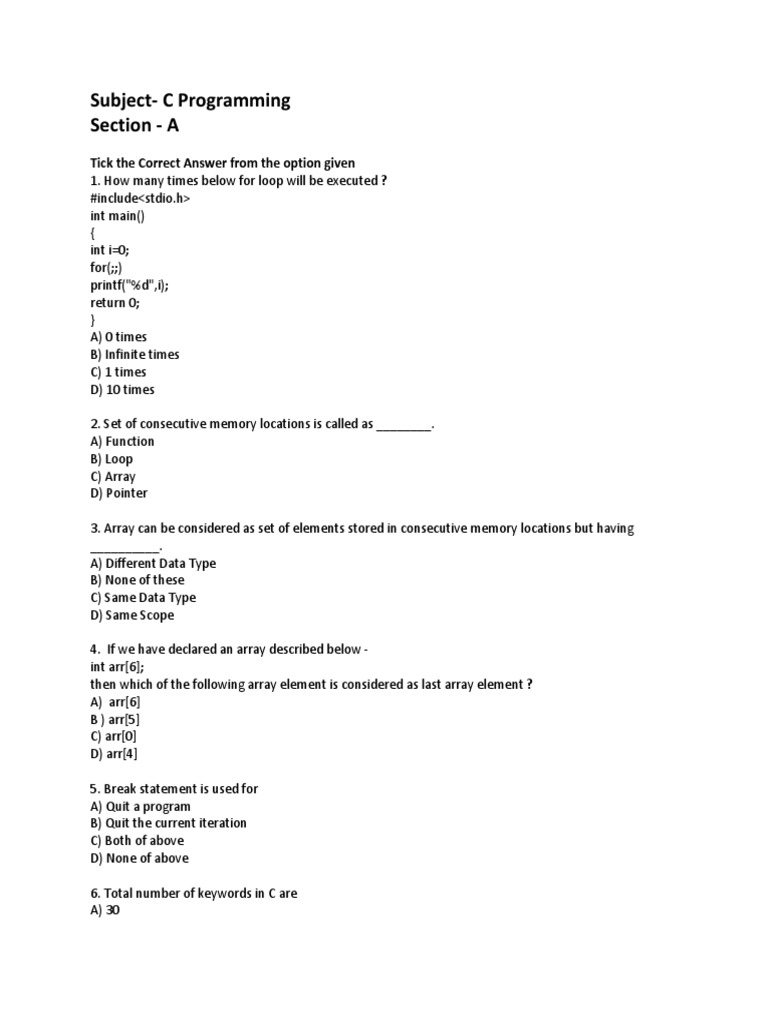 Subject-C Programming Section - A: Tick The Correct Answer From The ...