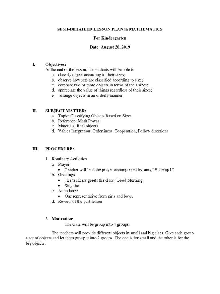 Classifying Objects Based On Sizes Download Free Pdf Lesson Plan