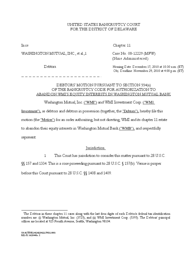 Washington Mutual (WMI) MOTION TO ABANDON WMI'S EQUITY INTERESTS IN