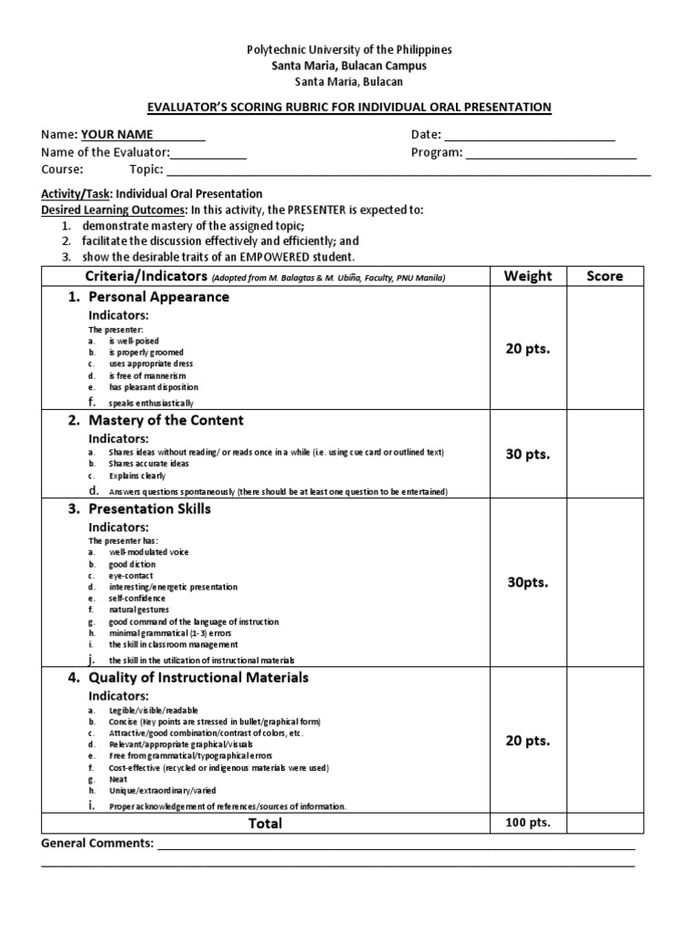 Oral Presentation Evaluation Guide | PDF | Rubric (Academic) | Human ...