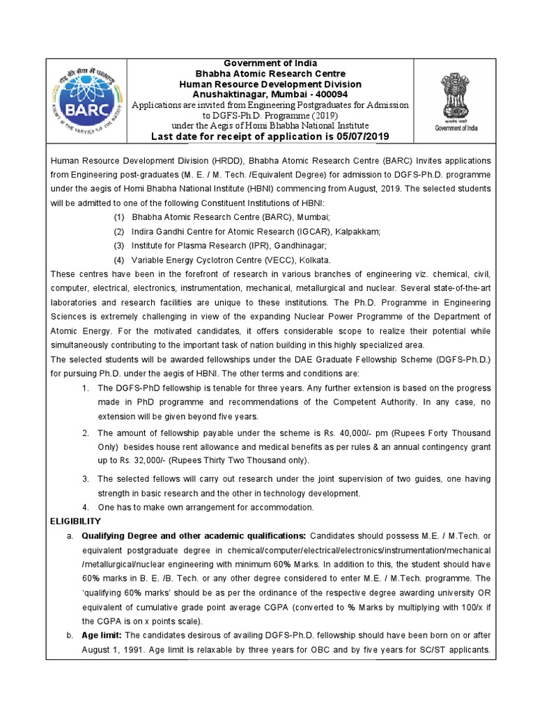 Last Date Last Date For Receipt of Application Is 05/07/201 /2019 