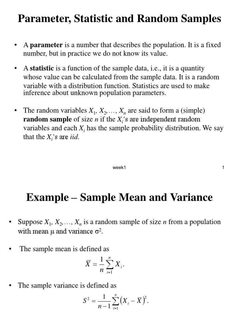 Parameter, Statistic and Random Samples: Random Sample of Size N If The ...