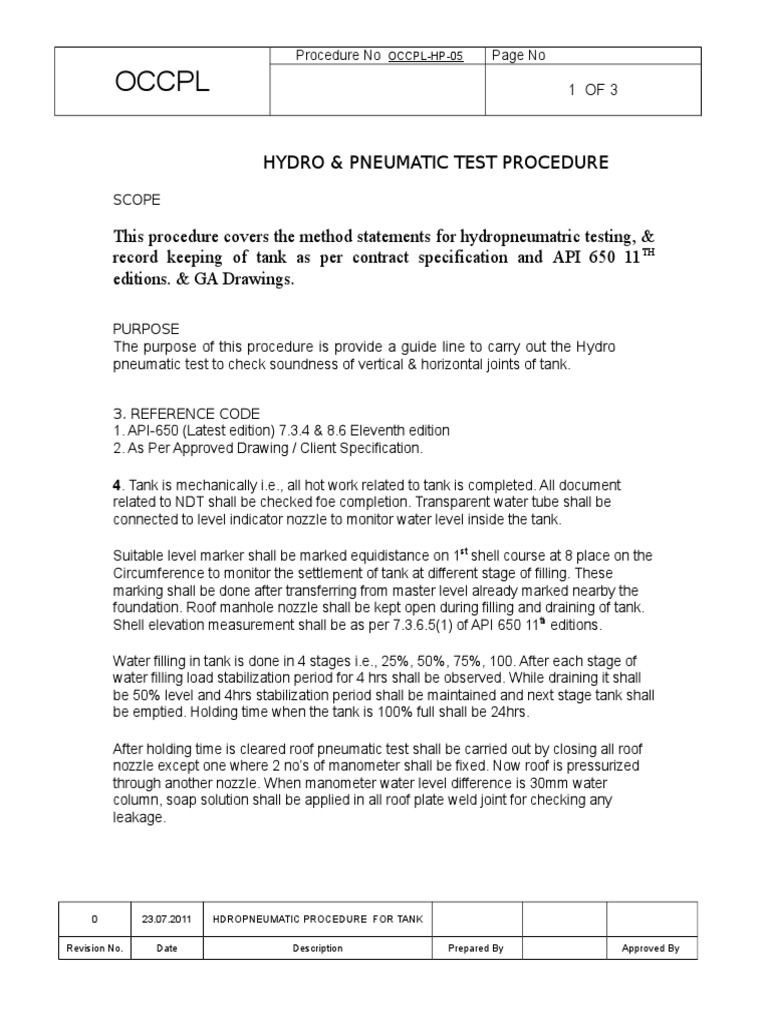 HYDROSTATIC AND PNEUMATIC TESTING PROCEDURE FOR STORAGE TANKS GUIDELINES FOR ENSURING TANK