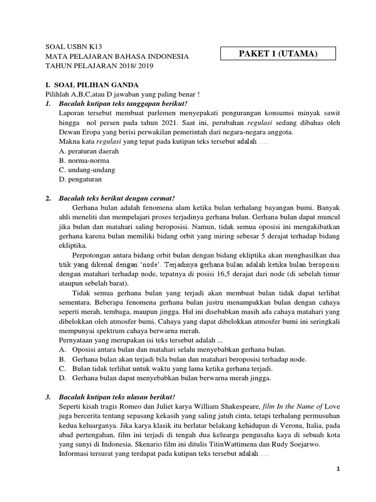 Soal Usbn B Indonesia K 13 2019 P 1 Utama