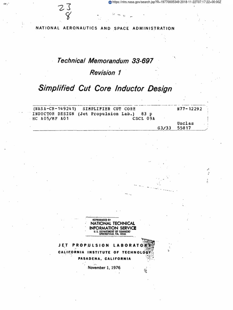 Simplified Cut Core Inductor Design NASA PDF Inductance Inductor