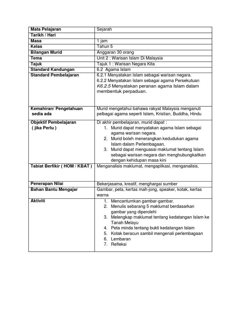 RPH Tahun 5 Agama Islam  PDF