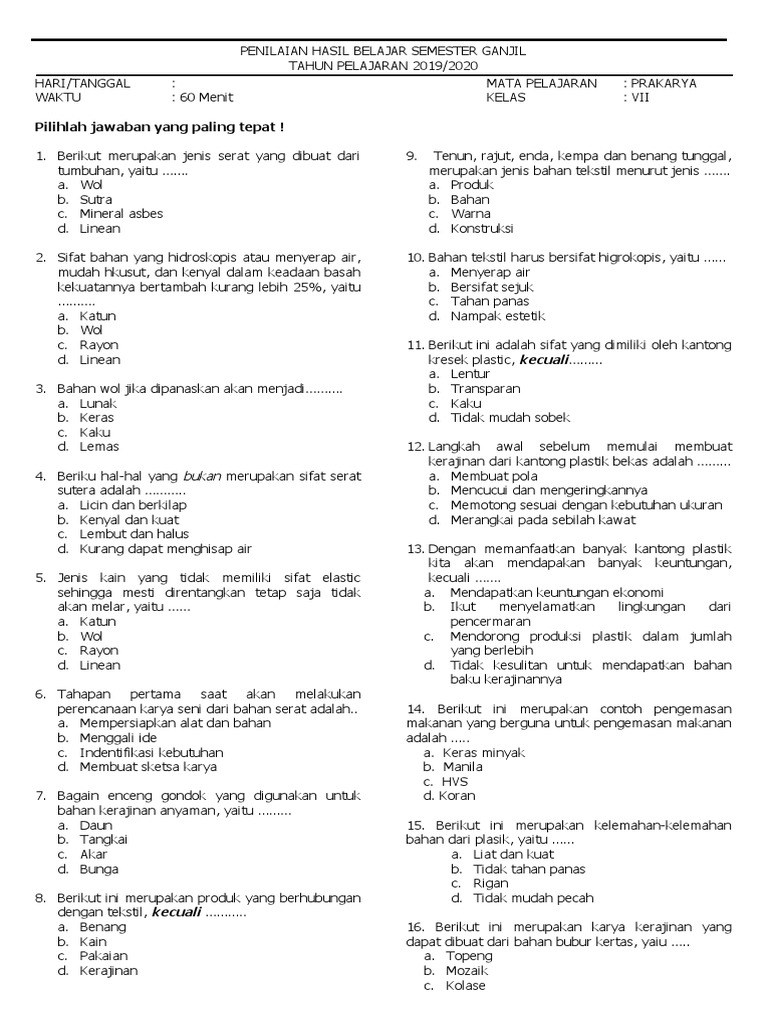 Soal Pas Prakarya Kls 7 Semester Ganjil