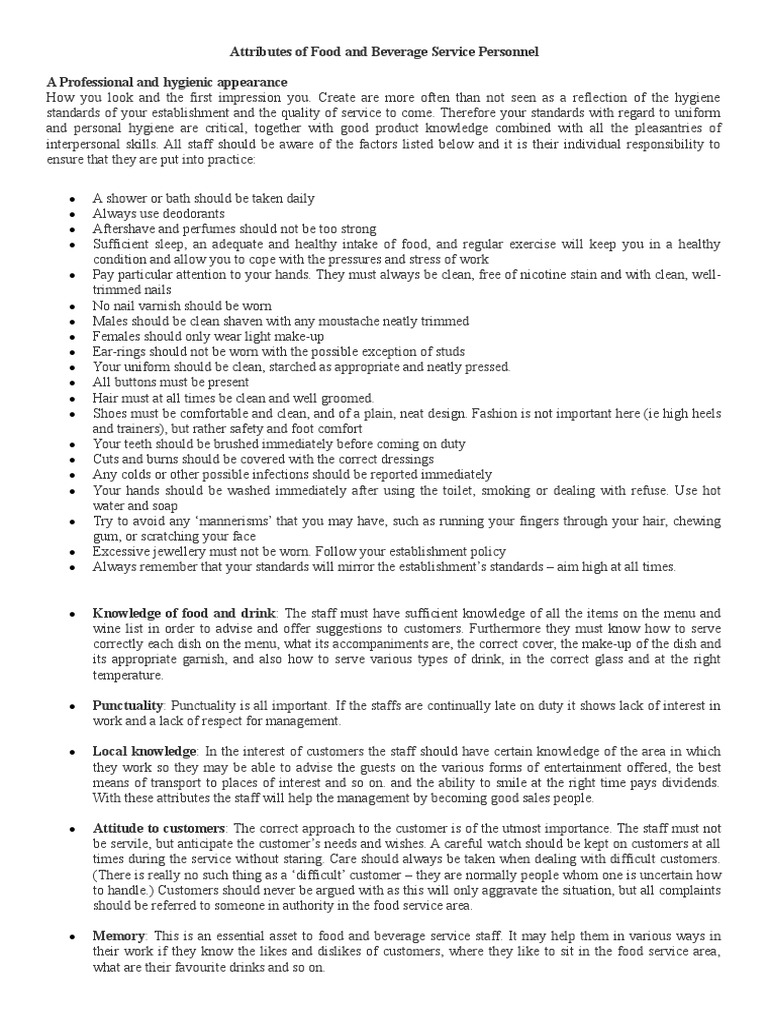 Essential Attributes for Food and Beverage Service Personnel | PDF ...
