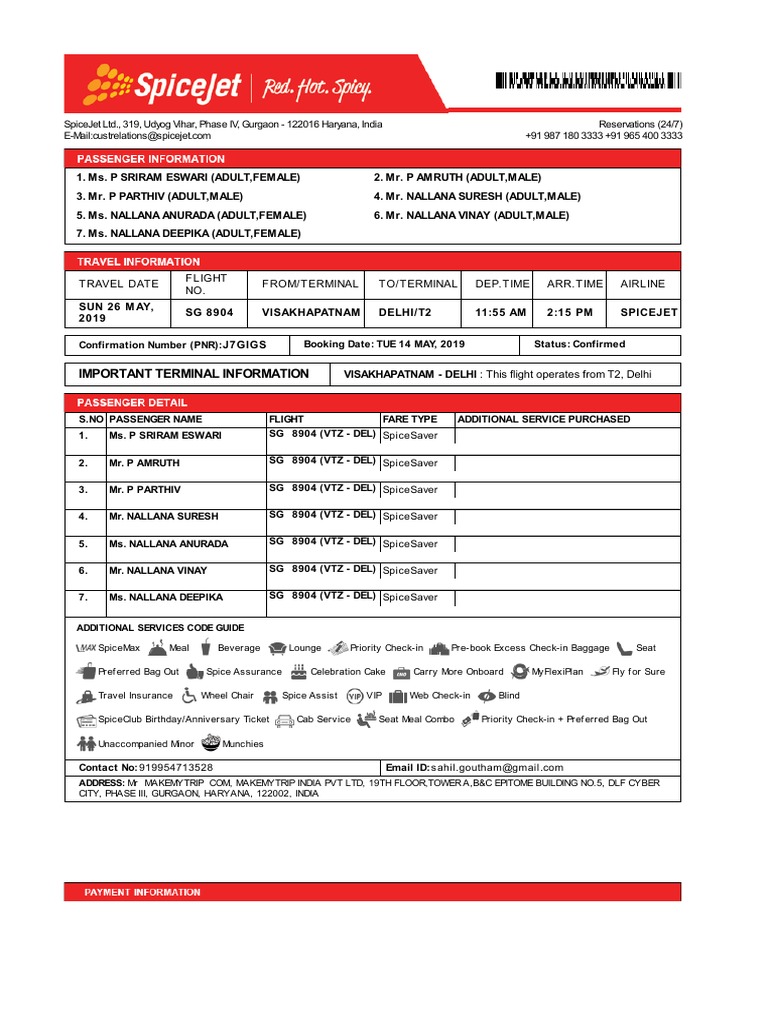 SpiceJet ETicket PNR J7GIGS 26 May 2019 VisakhapatnamDelhi For