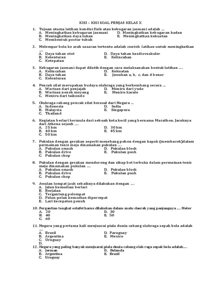 Kisi Kisi Soal Penjas Kelas X